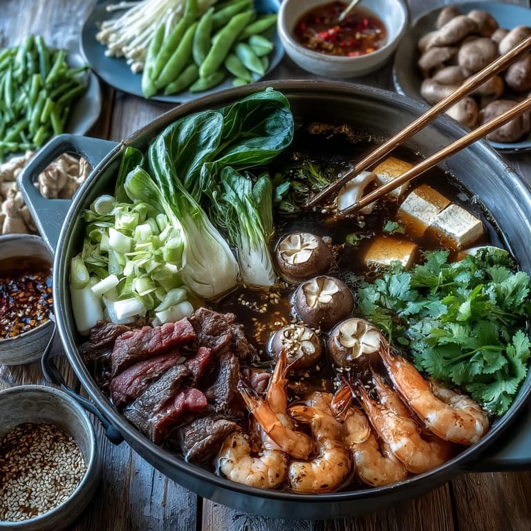 Guests gather around a vibrant hot pot, customizing their bowls with tender meats, tofu, and colorful vegetables in a savory, aromatic broth.
