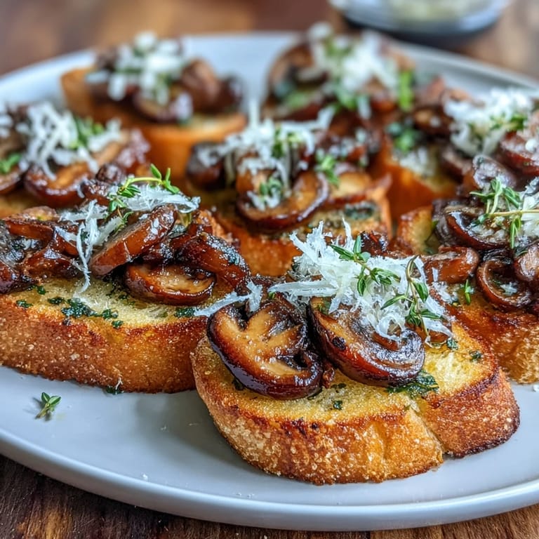 Savory wild mushroom topping with garlic, thyme, and shaved Parmesan served on toasted baguette slices.