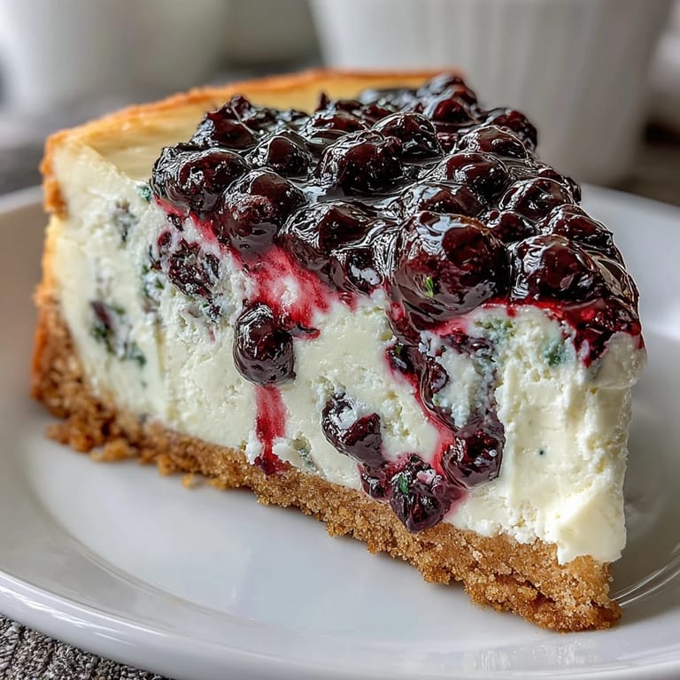 Elegant dessert featuring rich cream cheese and tangy black currant sauce, perfectly balanced in every creamy slice.  