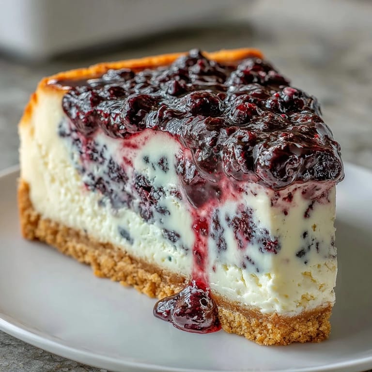 Sophisticated black currant cheesecake with marbled berry swirls, served chilled for a luxurious and fruity indulgence.