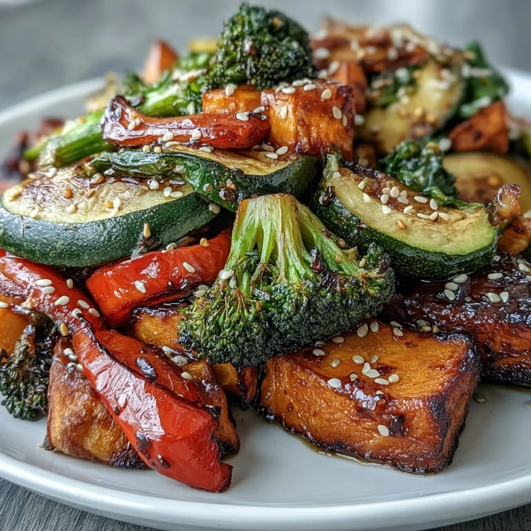 Golden miso-butter roasted vegetables with tender sweet potatoes, zucchini, and bell pepper, topped with sesame seeds.  