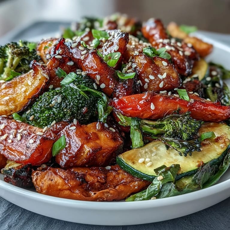 Seasonal vegetables tossed in miso-butter glaze, roasted until caramelized, served with fresh parsley and sesame garnish.
