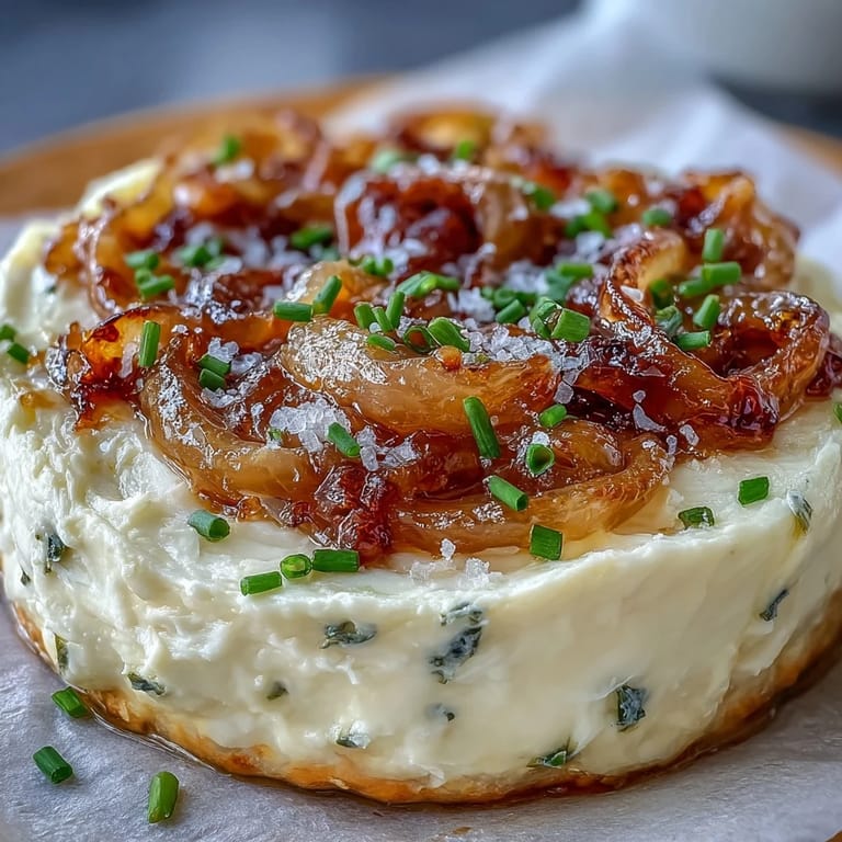 Smooth butter blended with sweet caramelized onions, sprinkled with flaky sea salt and herbs, served with crackers and fresh baguette for a delightful spread.