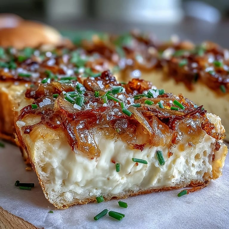 A savory butter board featuring rich, golden caramelized onions mixed into softened butter, garnished with fresh chives and thyme for an elegant appetizer.
