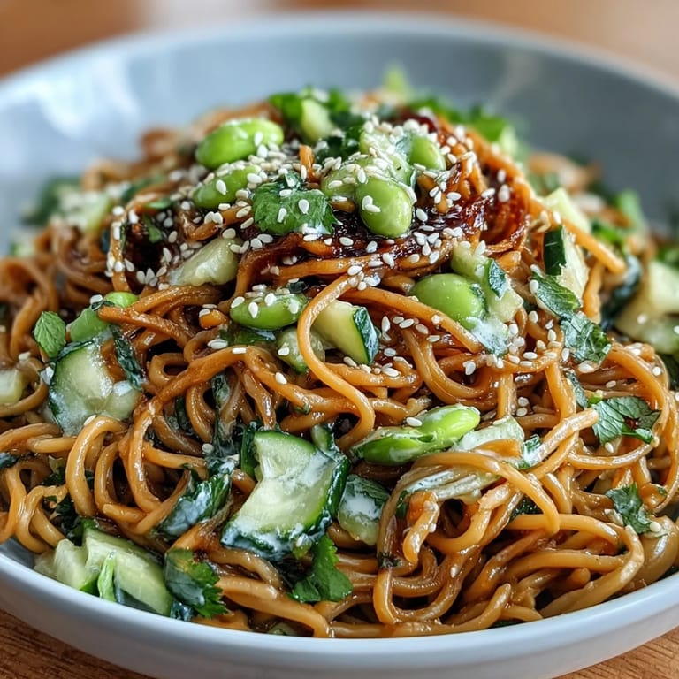 Cold sesame ginger noodle bowl topped with crunchy cucumber, carrot, edamame, and toasted sesame seeds for a light meal.