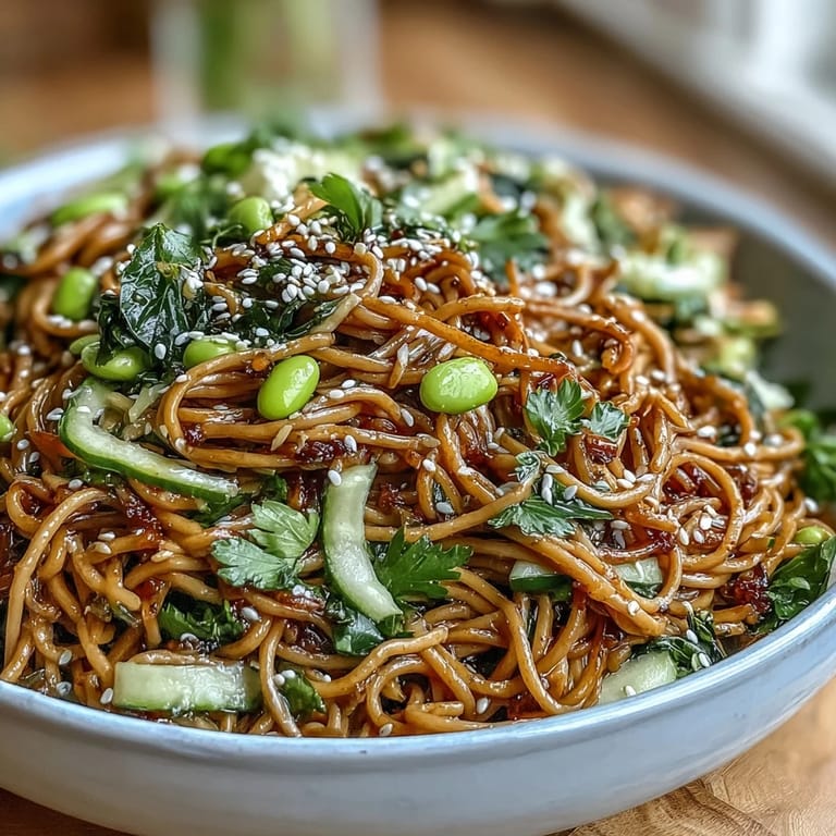 Refreshing cold noodle bowl with julienned vegetables, protein-rich edamame, and a silky sesame ginger dressing.  