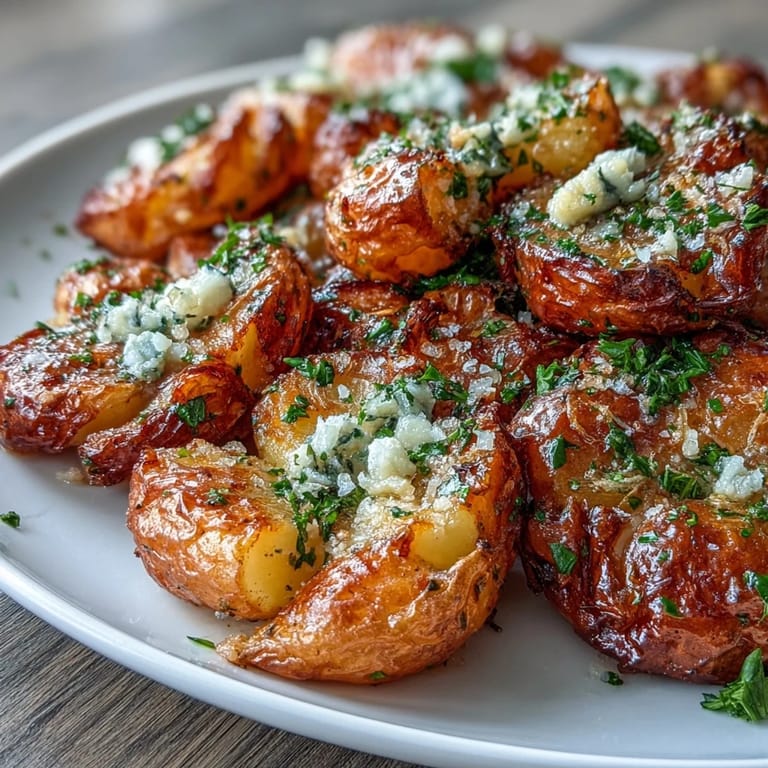 Golden smashed potatoes roasted until crisp, finished with garlic-infused olive oil and fresh parsley for a simple yet elegant side dish.