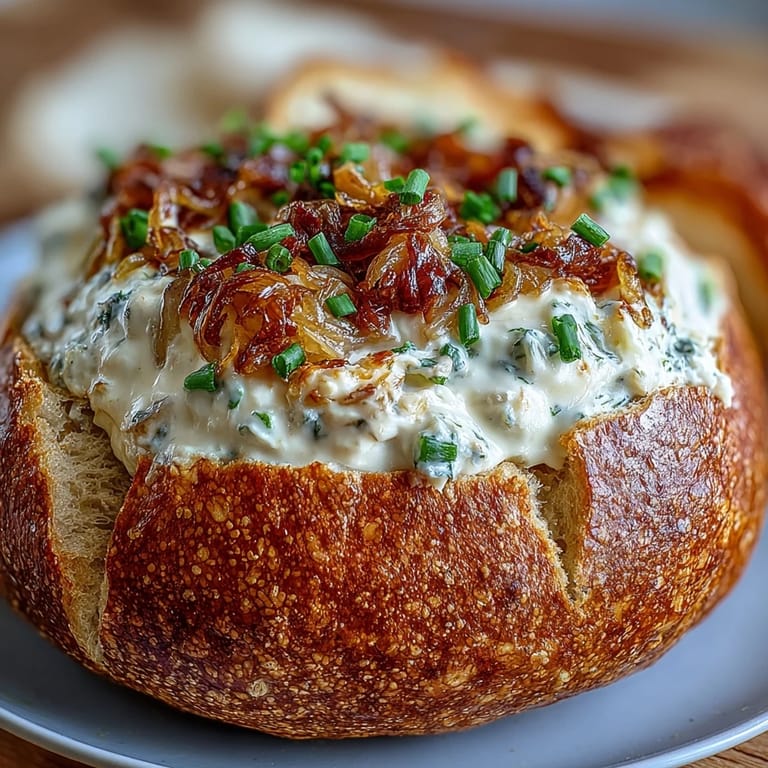 Golden-brown sourdough bread bowl filled with rich, savory onion dip, surrounded by crispy bread cubes.  
