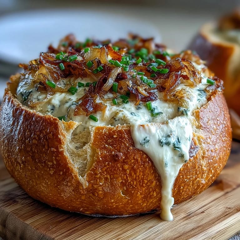 Hearty sourdough bread bowl packed with luscious caramelized onion dip, perfect for party dipping.