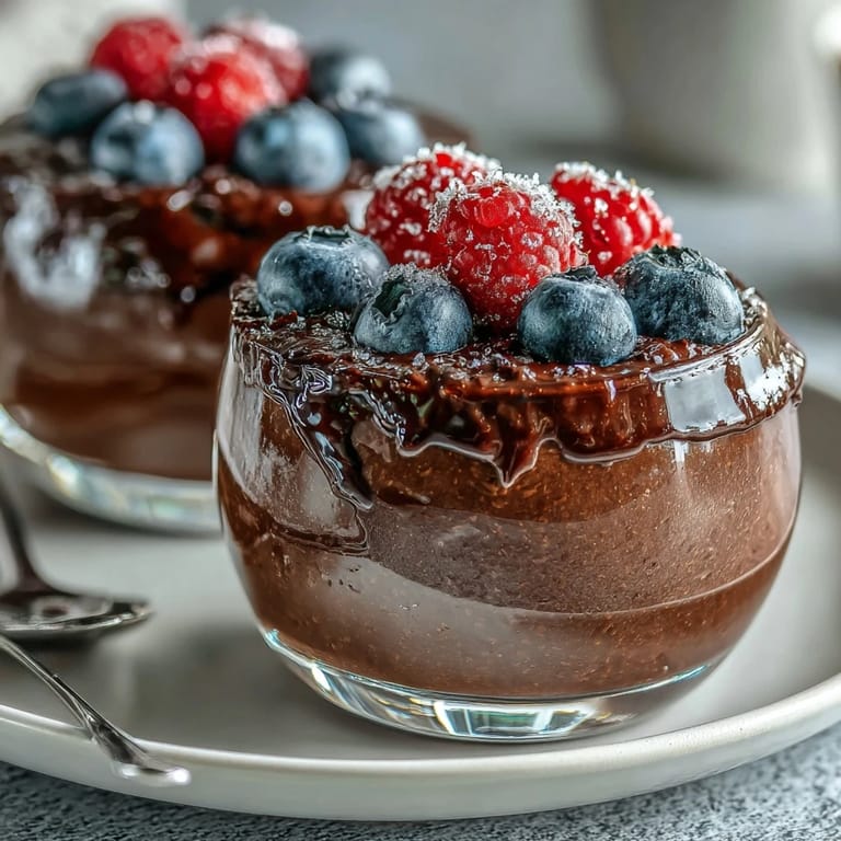 Decadent chocolate mousse made with cottage cheese, served with a colorful mix of berries.