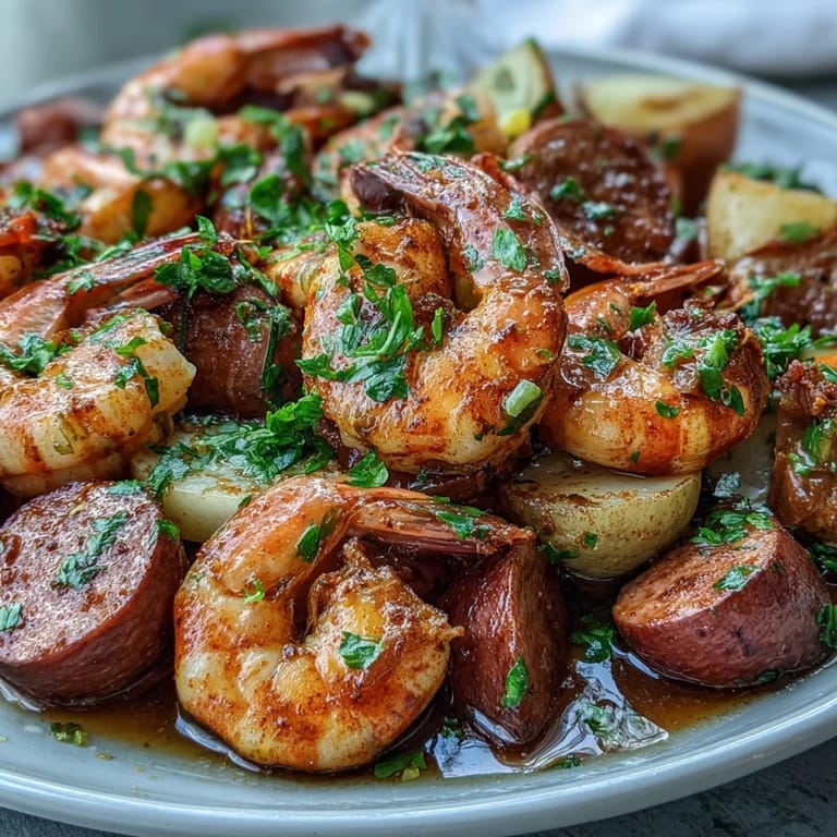 Flavorful seafood boil featuring shrimp, sausage, and vegetables seasoned with bold Cajun spices.  