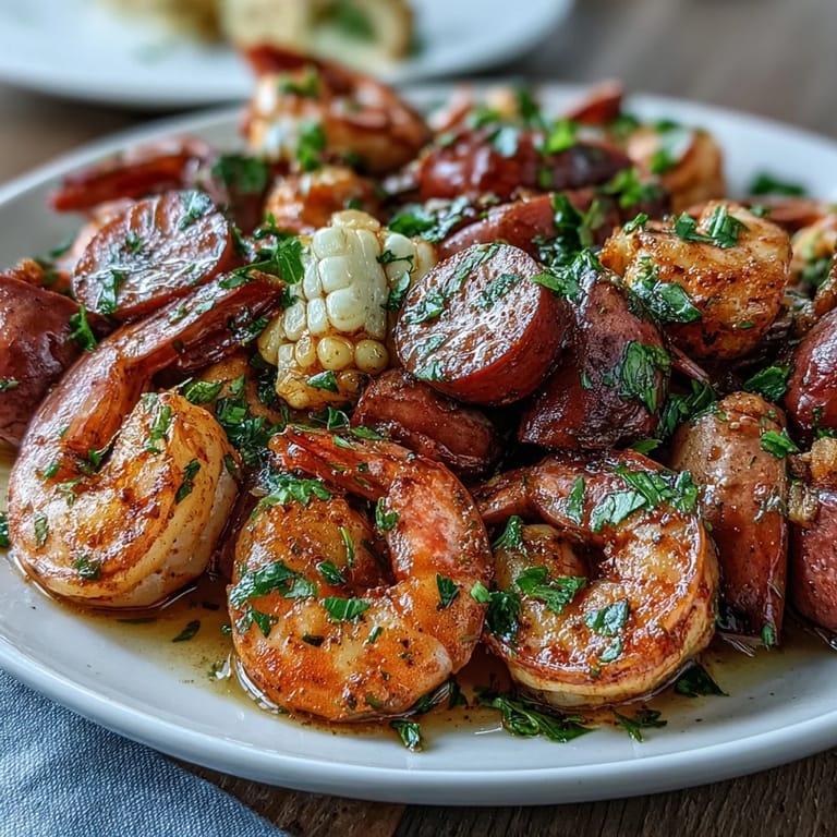 Classic Southern boil with shrimp, sausage, corn, and potatoes, served with melted butter.