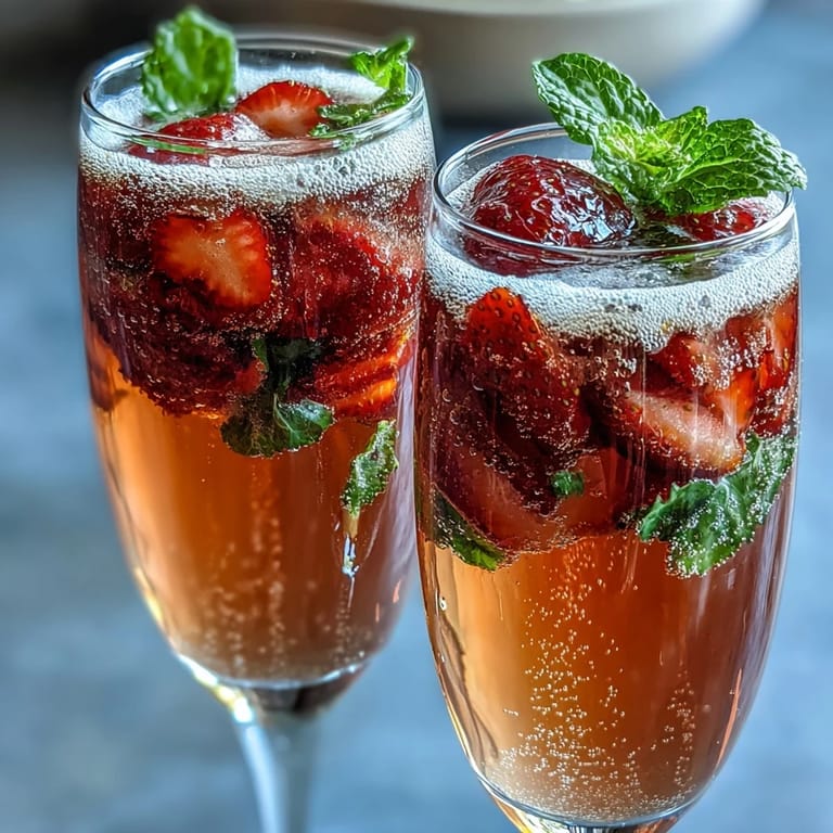 Guests create personalized strawberry mimosas with vibrant fruit purees, chilled Prosecco, and fresh mint at a Galentines brunch setup.