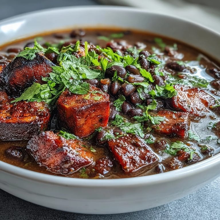 Hearty black bean soup with tender chunks of ham, diced vegetables, and a zesty lime-cilantro finish in a rustic bowl.  