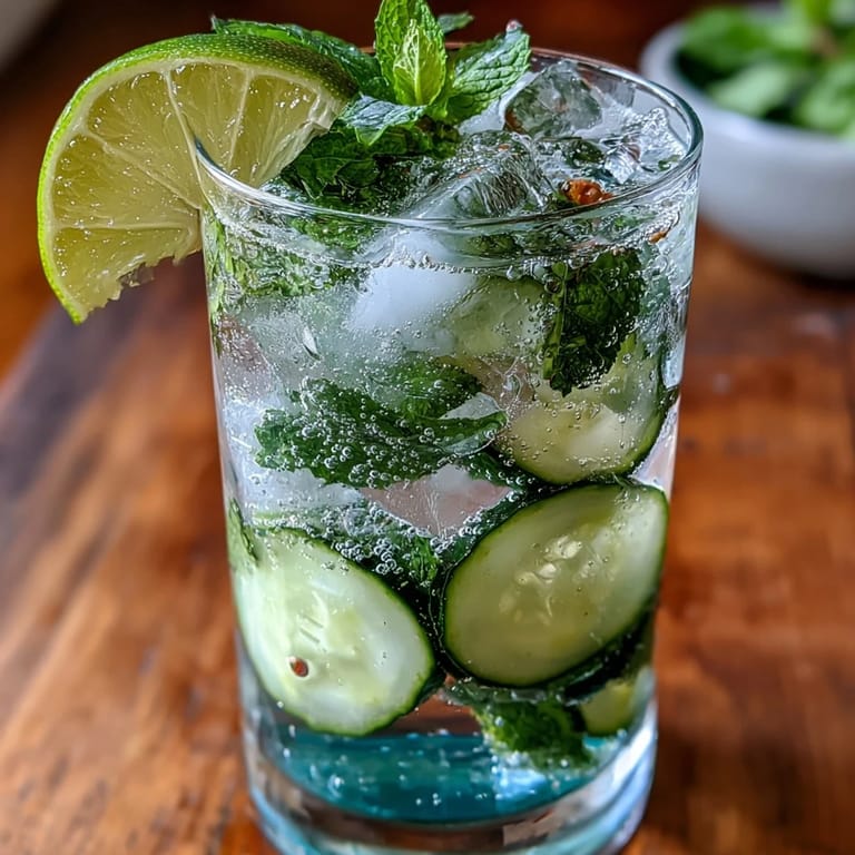 A vibrant pitcher of Cucumber Mint Sparkling Water Refresher, featuring muddled cucumber and mint with a splash of lime, perfect for hydrating on hot days.