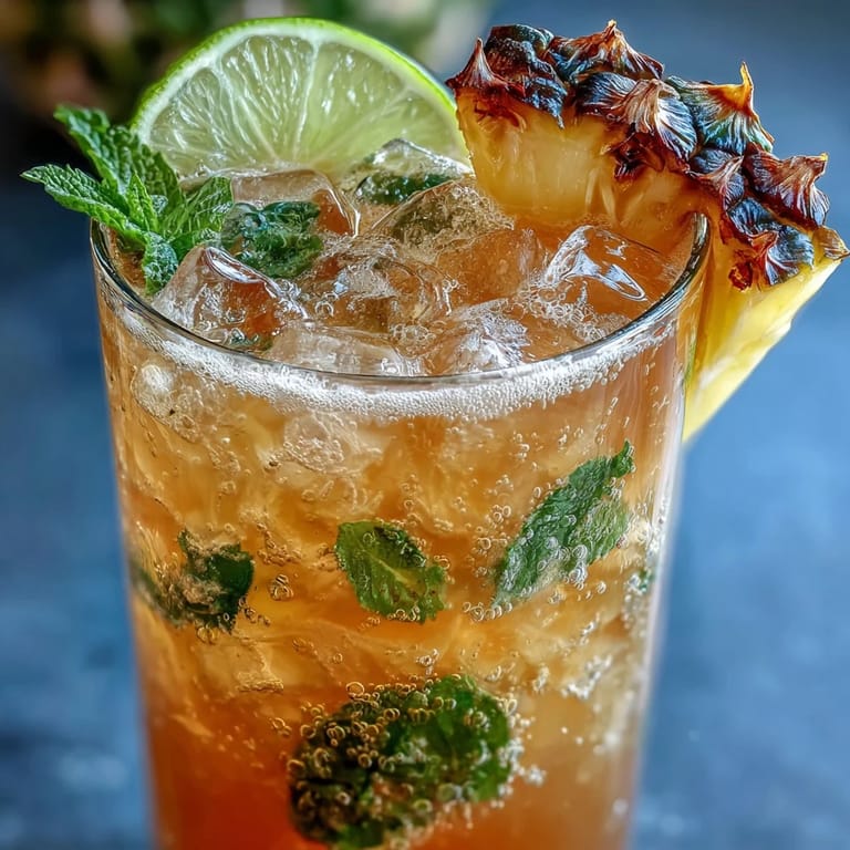 Refreshing non-alcoholic pineapple ginger fizz served over ice, garnished with pineapple wedges and mint for a tropical twist.  