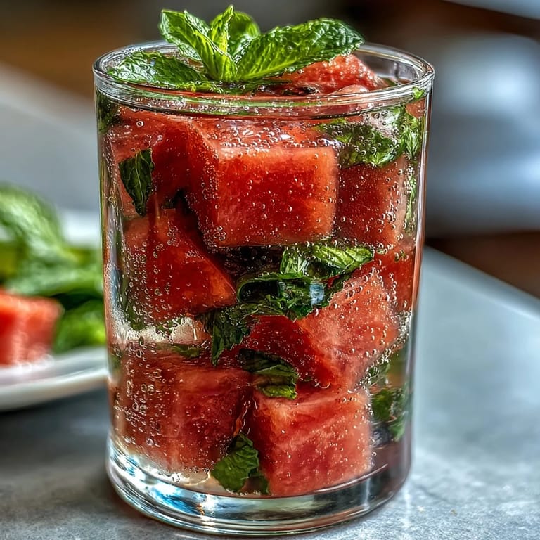 Chilled pitcher of vibrant watermelon and mint infused water, garnished with extra mint sprigs and ice cubes for a cooling brunch beverage.