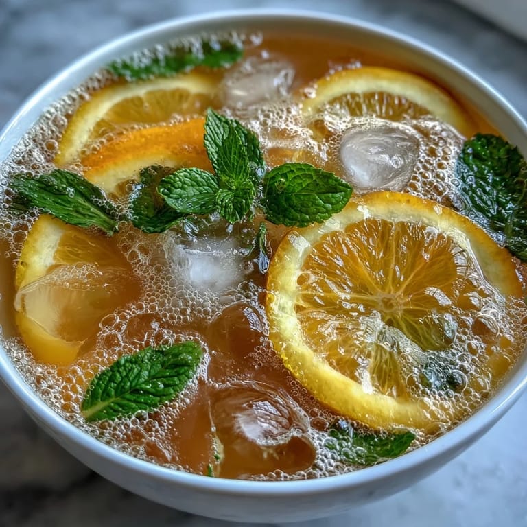 Sparkling citrus punch with orange and lemon, combining juicy fruit slices and fizzy refreshment in a festive bowl.