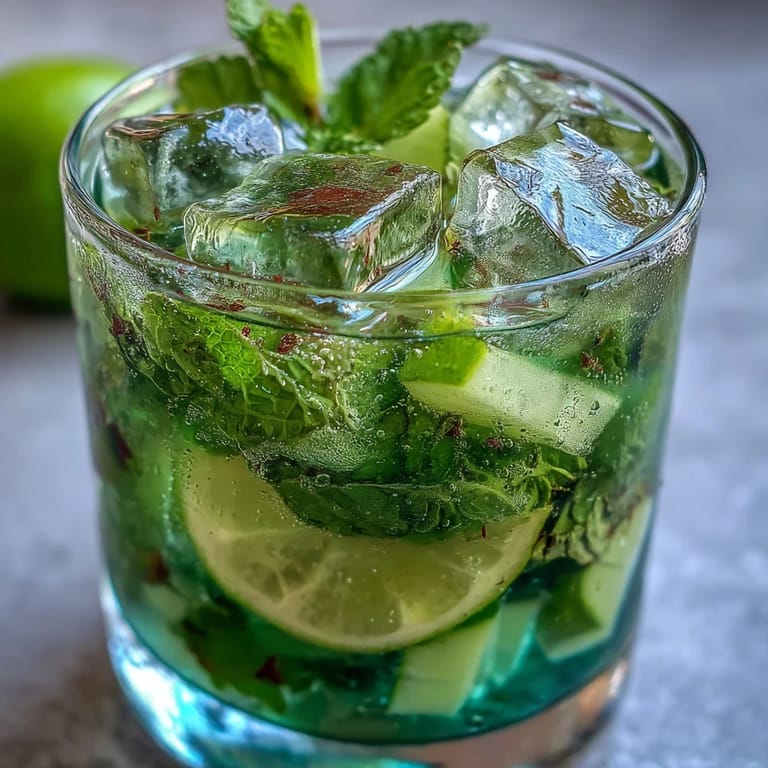 A crisp, alcohol-free mojito bursting with fresh mint, lime, and cucumber, served over ice in a tall glass for a cooling beverage.
