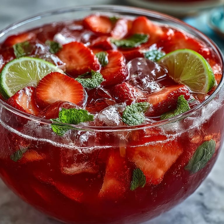 Colorful strawberry daiquiri punch bowl featuring sliced strawberries, lime wheels, and mint, perfect for celebrations and parties.