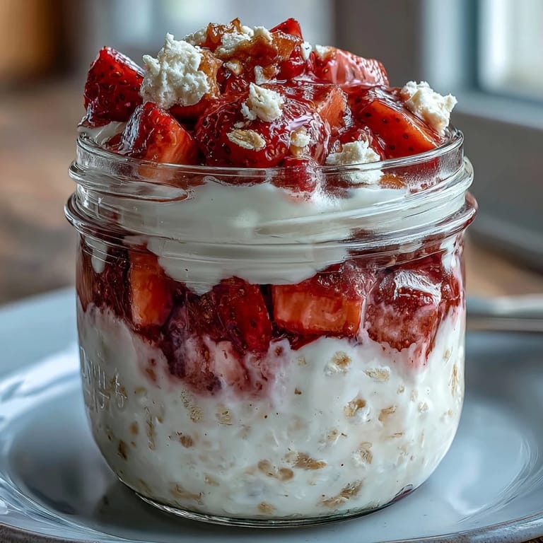 Layered strawberry cheesecake overnight oats featuring cottage cheese, juicy berries, and graham cracker crumbs for a decadent, healthy morning treat.
