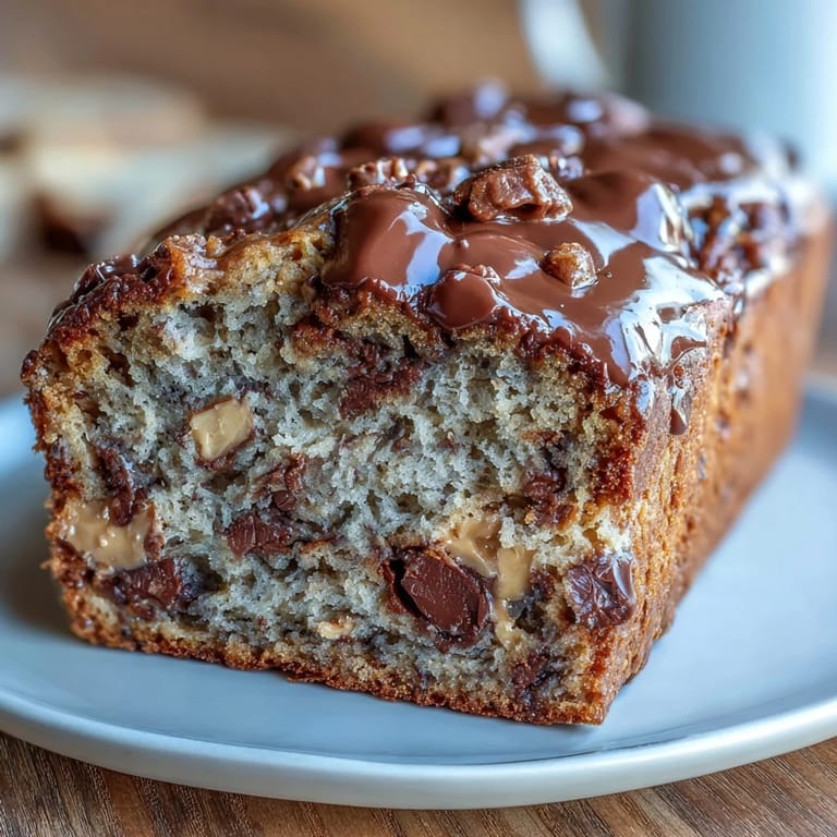 Sweet and satisfying peanut butter cup banana bread loaf with swirls of chocolate chips, baked to golden perfection and ready to slice.