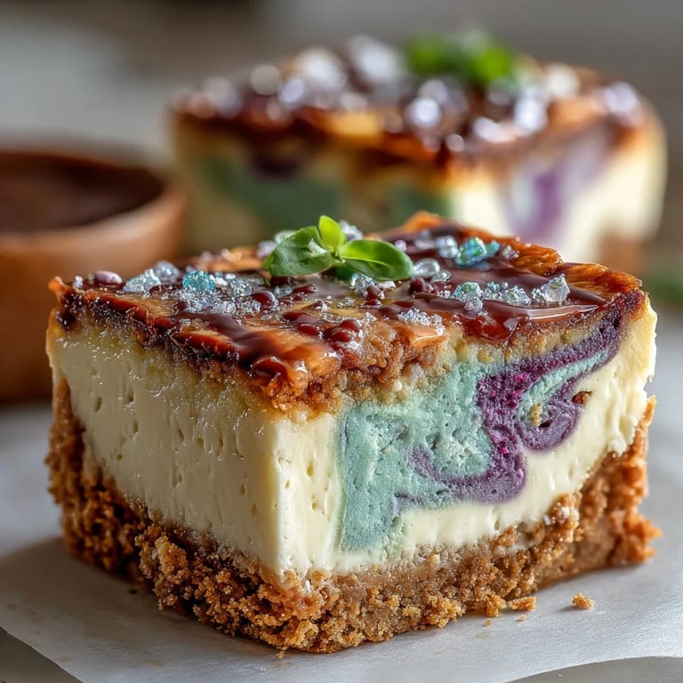 Festive King Cake Cheesecake Bars: Creamy cheesecake marbled with Mardi Gras hues of purple, green, and gold on a spiced crust.