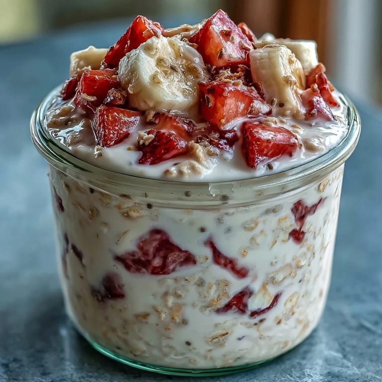 A jar of strawberry banana overnight oats topped with fresh fruit and chia seeds, perfect for busy mornings.  