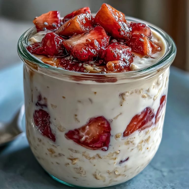 Healthy strawberry banana overnight oats with chia seeds, offering a naturally sweet and filling breakfast option.