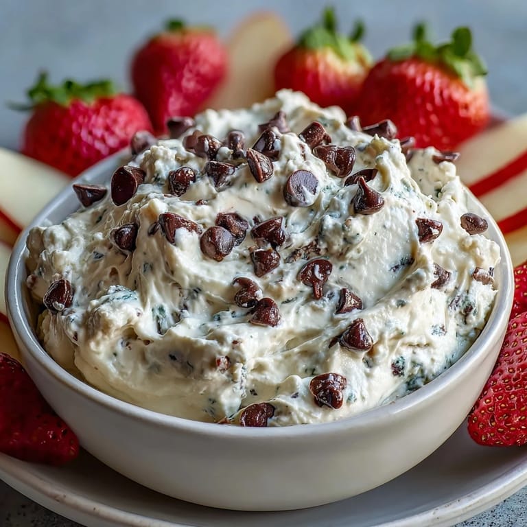 Wholesome cottage cheese cookie dough dip blended with almond butter and maple syrup, paired with colorful fresh fruit for dipping.  