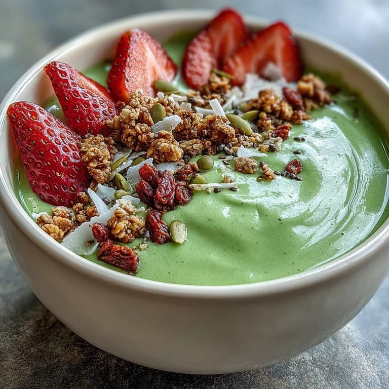 Creamy smoothie bowl blending sweet strawberries and earthy matcha, garnished with coconut flakes, pumpkin seeds, and fresh mint for a refreshing treat.