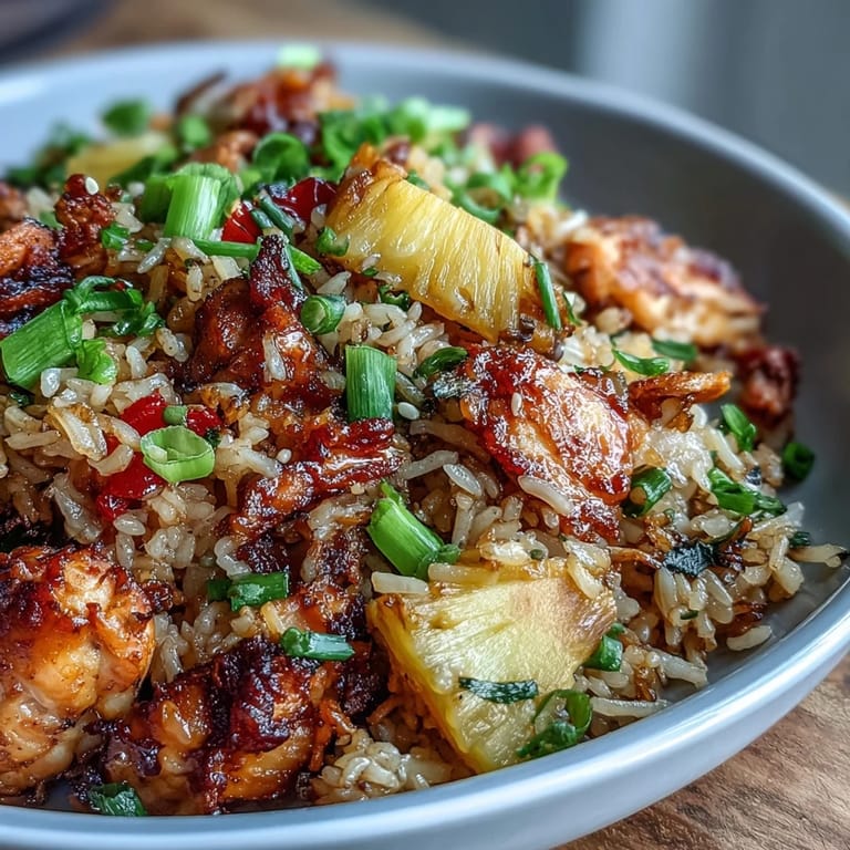 Tropical pineapple chicken fried rice served in a hollowed-out pineapple half, garnished with green onions and crunchy roasted cashews.