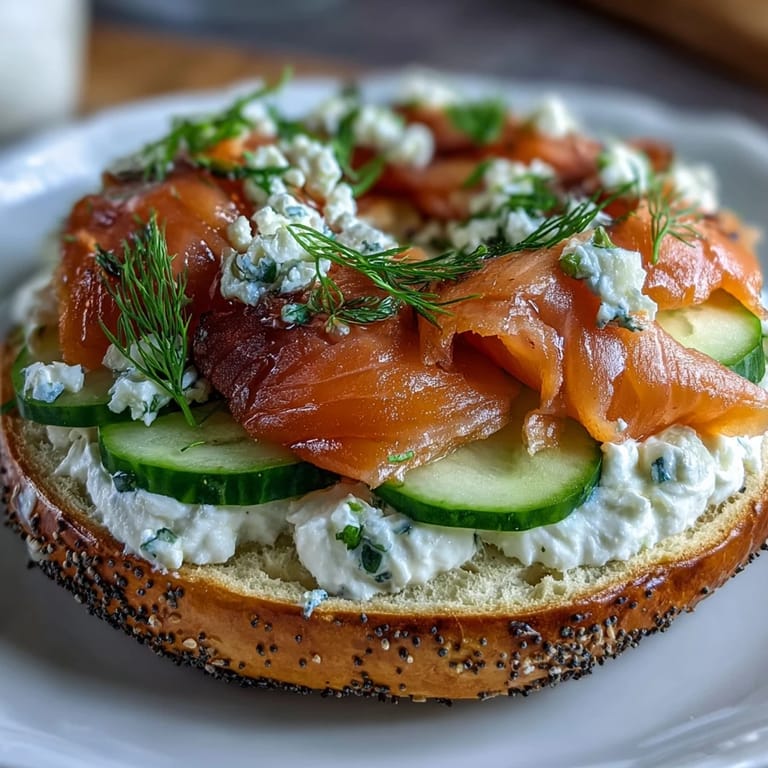 Chewy cottage cheese bagels layered with smoked salmon, red onion, and crisp cucumber slices.