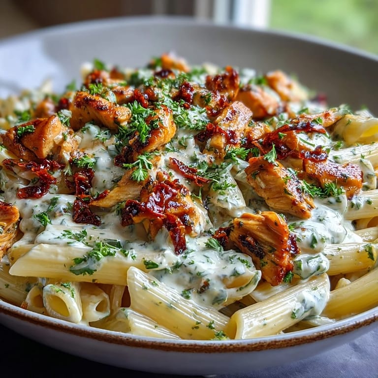 A comforting bowl of Creamy Crockpot Mississippi Chicken Pasta with shredded chicken in a tangy, creamy sauce.