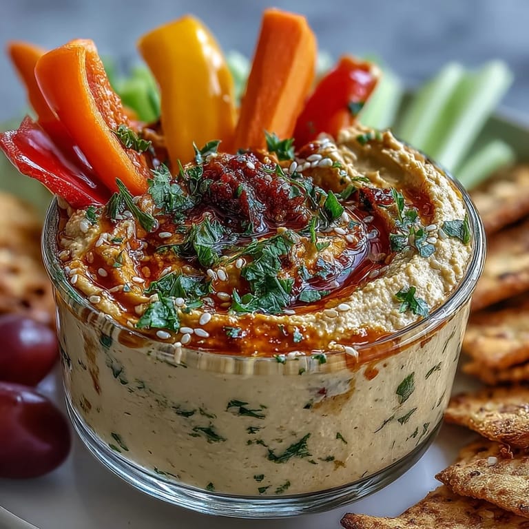 Vibrant snack cups featuring smooth hummus surrounded by colorful carrot, cucumber, and bell pepper sticks for easy dipping.