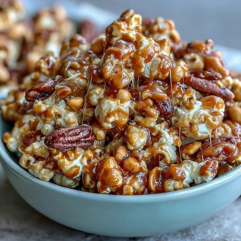 Crunchy popcorn clusters with roasted peanuts and gooey caramel, an irresistible treat for movie nights or sports viewing.