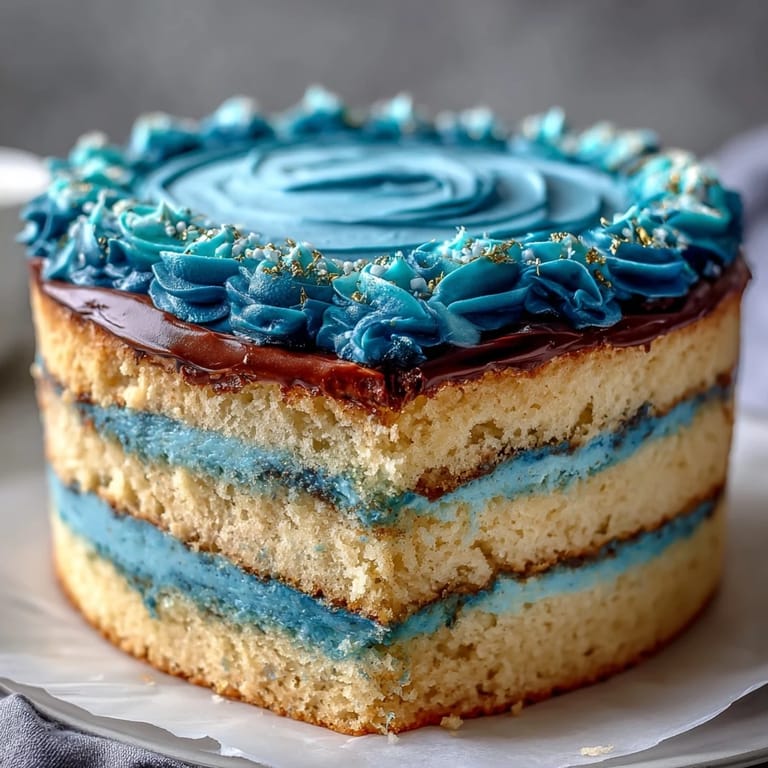 Layered dark blue ombre cake featuring rich vanilla buttercream frosting, decorated with elegant gold leaf for a striking graduation celebration dessert.