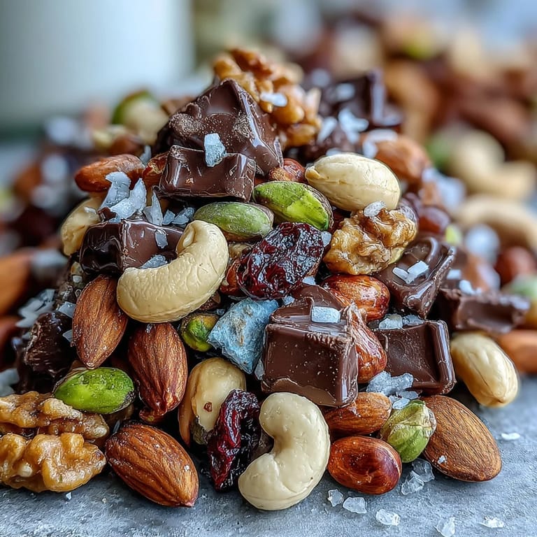 A vibrant mix of nuts, seeds, dried fruits, and dark chocolate pieces, perfect for an energizing on-the-go snack or beach day treat.