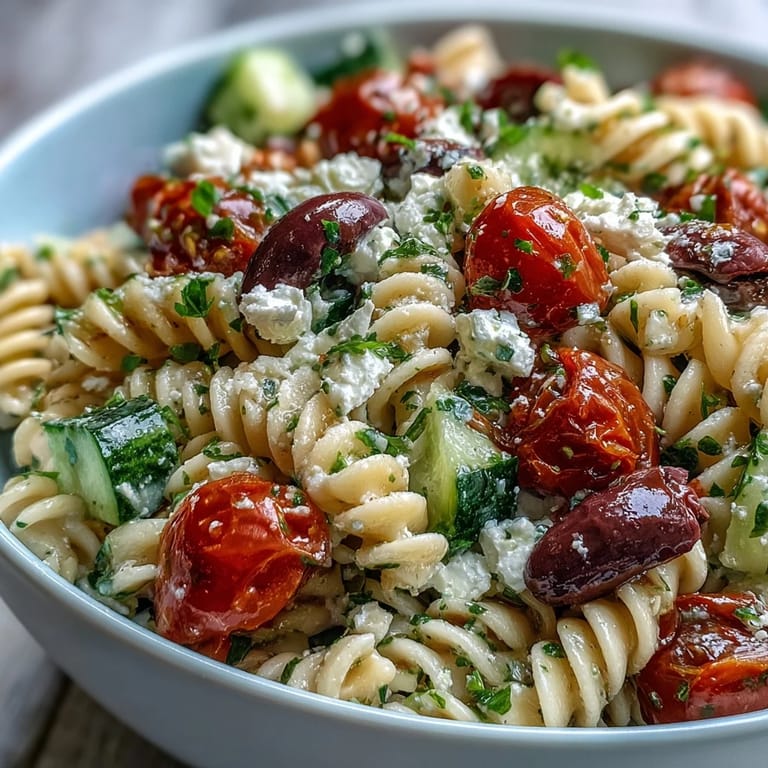 Colorful summer pasta salad featuring Kalamata olives, red onion, and bell pepper in a tangy herb dressing.  