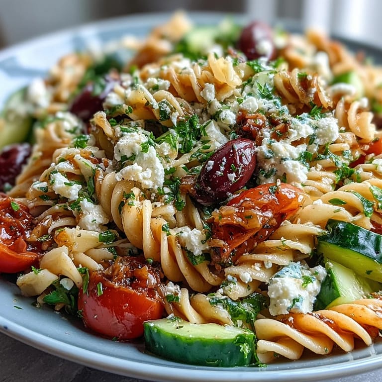 Refreshing Greek pasta salad with al dente penne, feta crumbles, and fresh parsley—perfect for warm-weather dining.