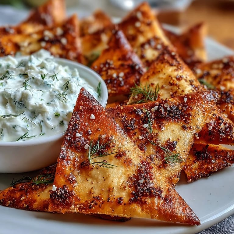 Crispy baked pita triangles paired with rich, herby tzatziki, ideal for light snacking or party appetizers.