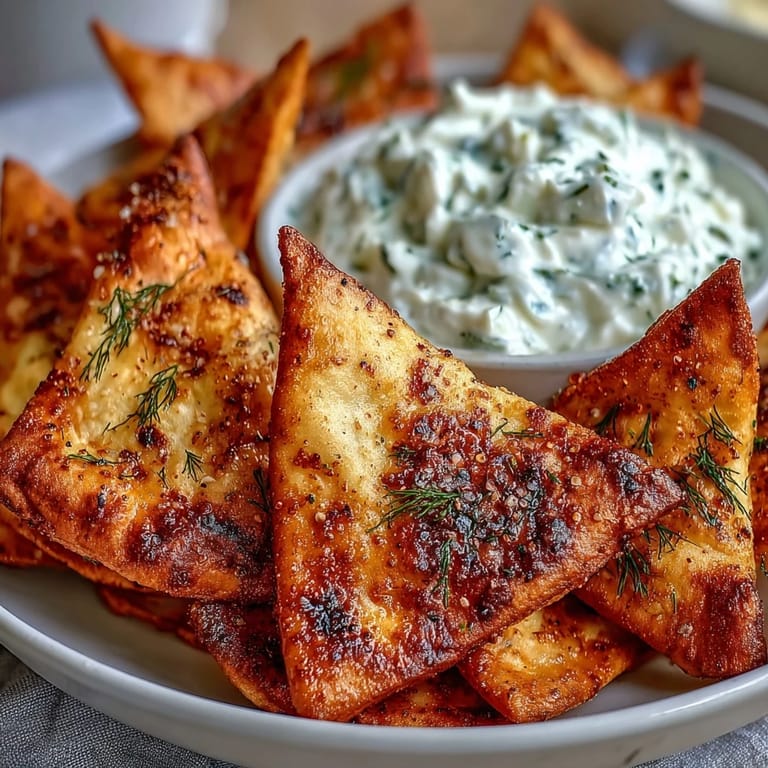 Homemade pita chips sprinkled with sea salt and paprika, served alongside cool, tangy tzatziki for a crunchy, flavorful appetizer.