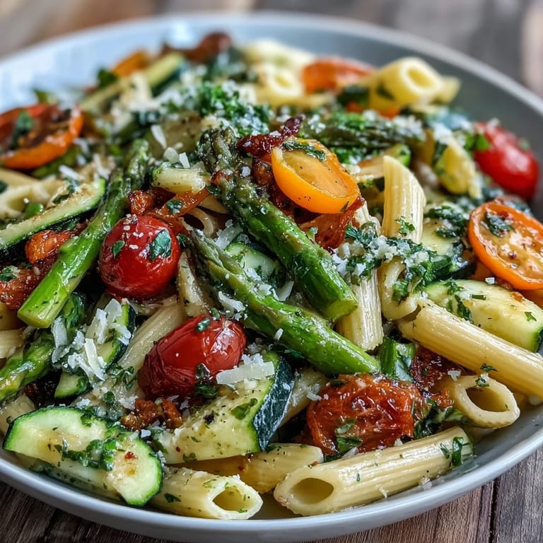 Colorful Spring Pasta Primavera featuring crisp asparagus, zucchini, and cherry tomatoes tossed in a light lemon-herb sauce.