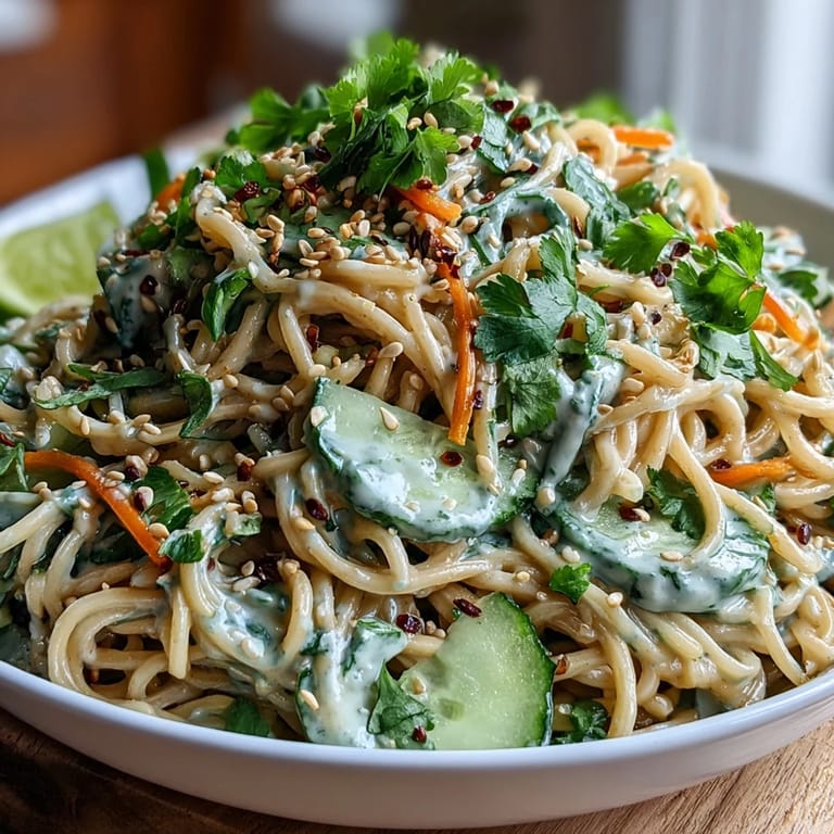 Refreshing cold sesame noodle bowl with julienned cucumber, carrots, and vibrant herbs, perfect for summer lunches.  