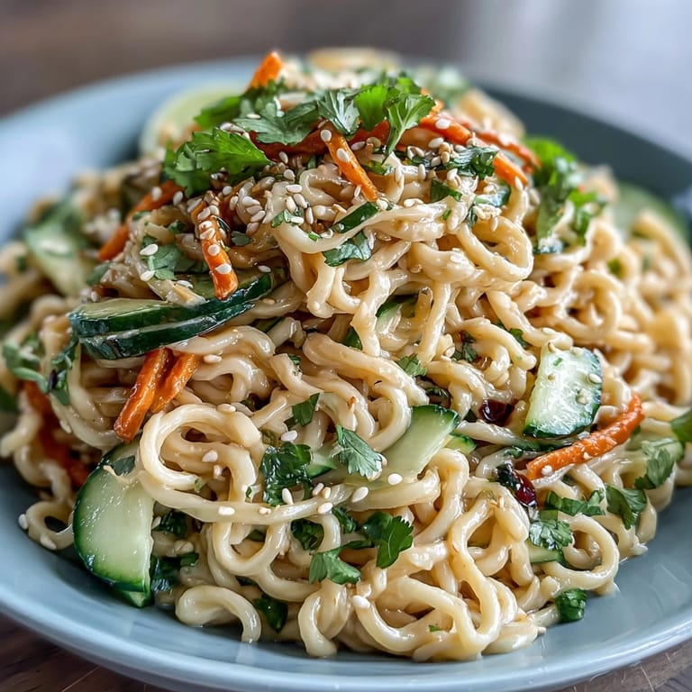 Creamy sesame sauce coats cold wheat noodles, topped with crunchy cucumber, carrots, and fresh cilantro for a satisfying meal.