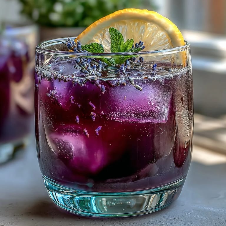 Refreshing Purple Rain lavender lemonade with a stunning purple hue, combining zesty lemon, soothing lavender syrup, and grape juice for a cooling summer drink.