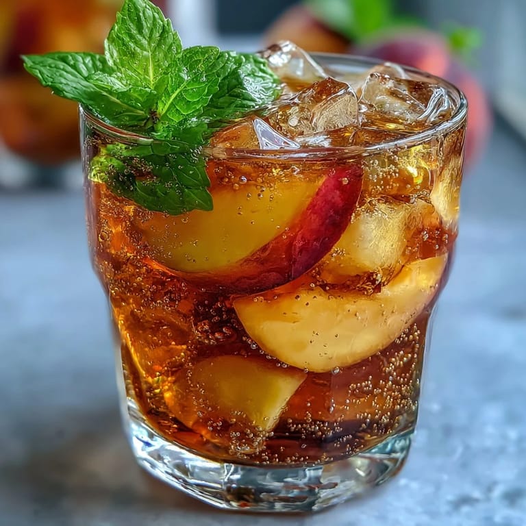 Bubbly mango peach tea with ripe fruit puree and sparkling water, served over ice.  