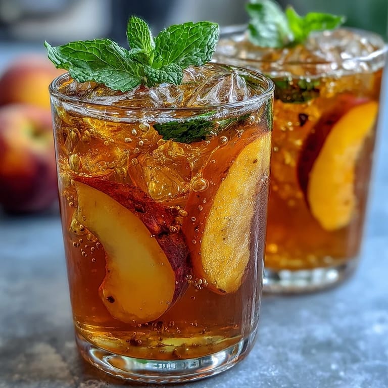Vibrant mango peach sparkling tea featuring fresh fruit, chilled tea, and a minty finish.