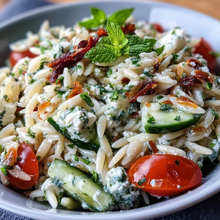 Refreshing orzo salad with zesty lemon dressing, a satisfying vegetarian delight.