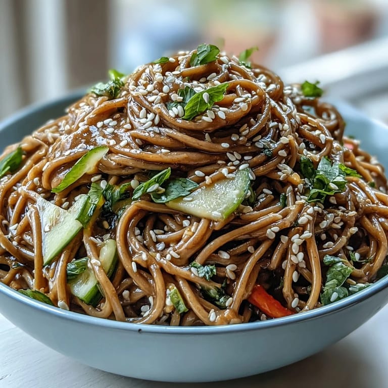 Refreshing cold soba noodle salad with sesame ginger dressing, perfect for a light lunch.